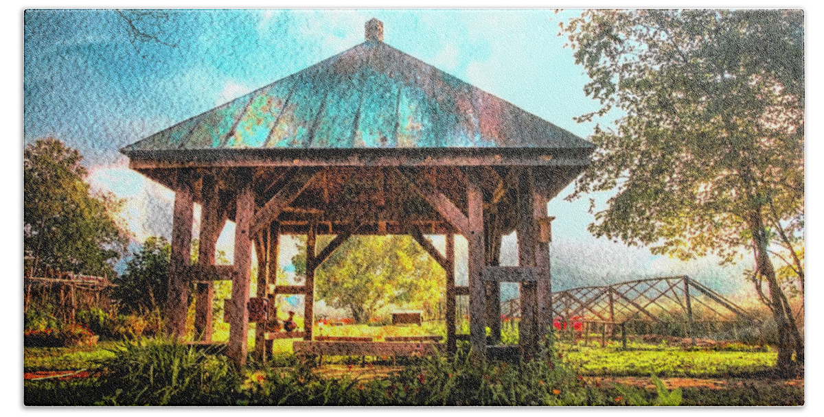 Appalachia Beach Towel featuring the photograph The Gazebo in Watercolors by Debra and Dave Vanderlaan