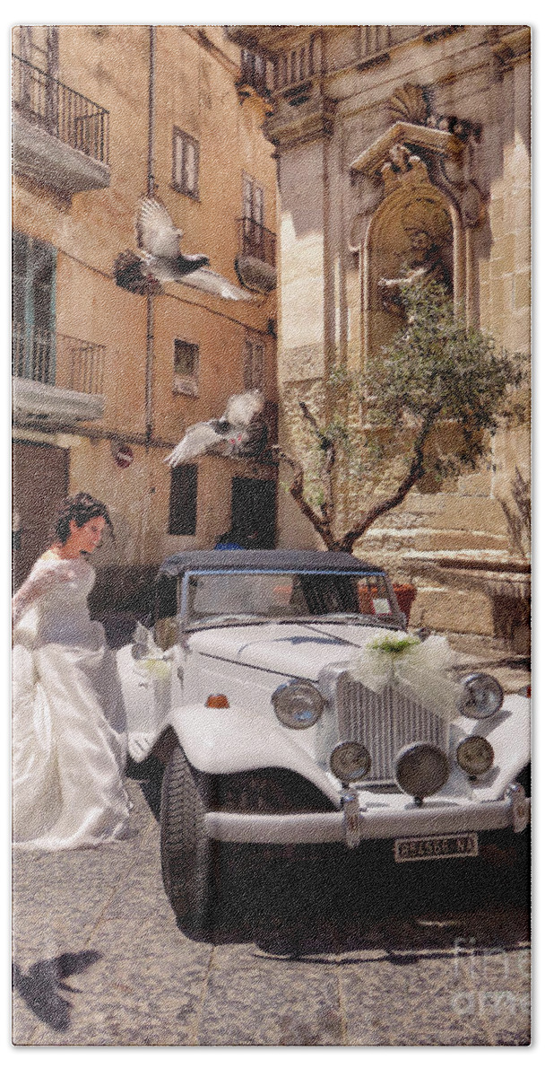 Taranto Beach Towel featuring the photograph The Runaway Bride.Taranto. Italy by Jennie Breeze