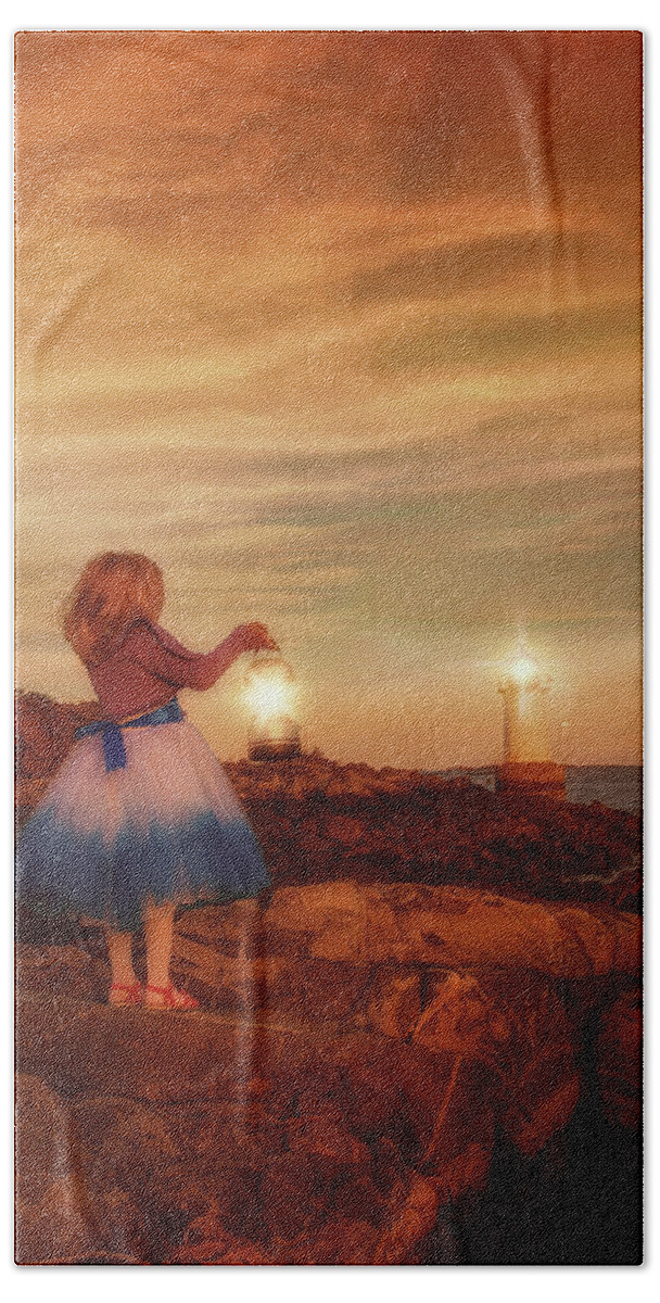 Girl Beach Towel featuring the photograph The girl with a lantern by Lilia S