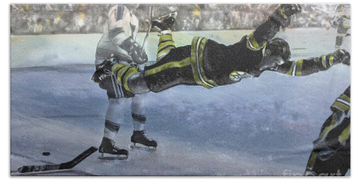 Hockey Beach Towel featuring the mixed media The Goal Bobby Orr Art by Mark Tonelli