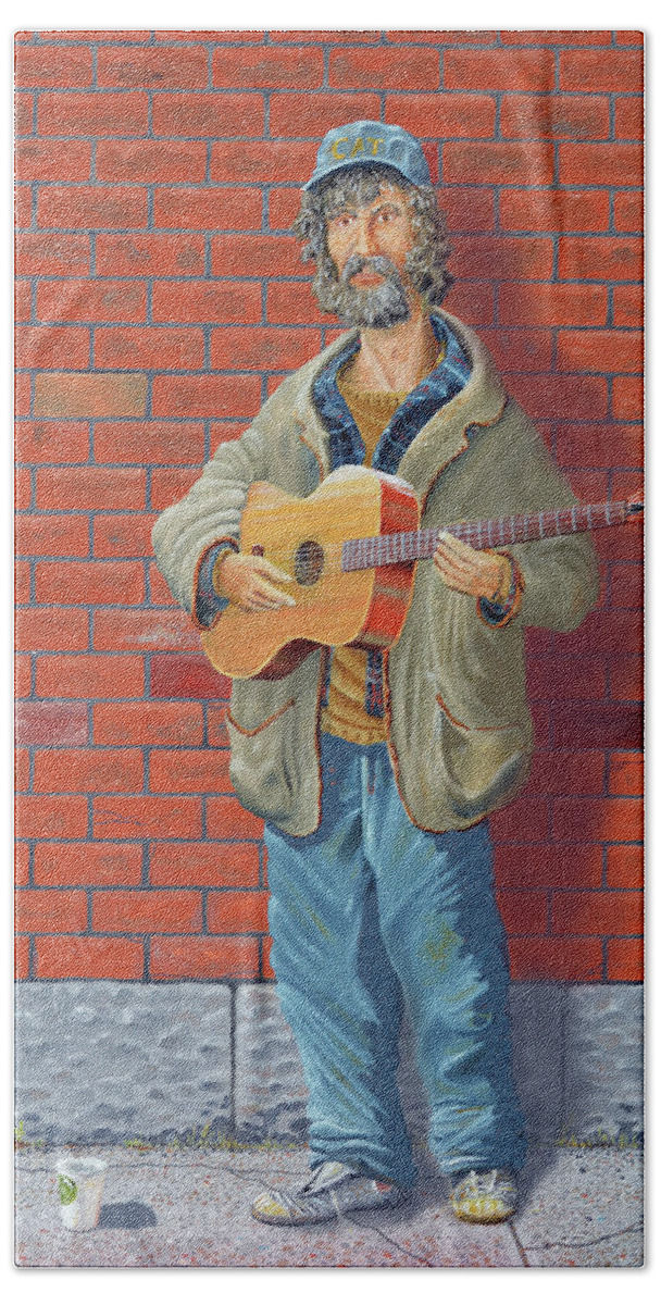 Guitarist Homeless Lost Hungry Cold Sick Lonely Angry Confused Forgotten Beach Sheet featuring the painting The Guitarist by Gary Giacomelli