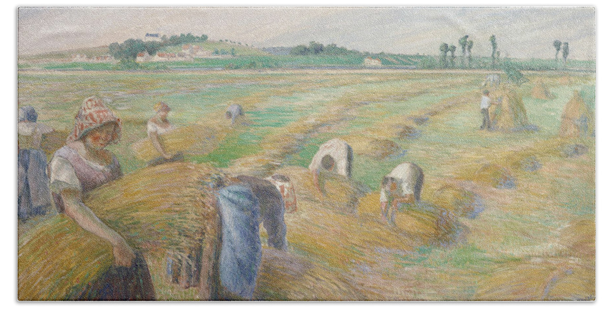 Camille Pissarro Beach Towel featuring the painting The Harvest by Camille Pissarro