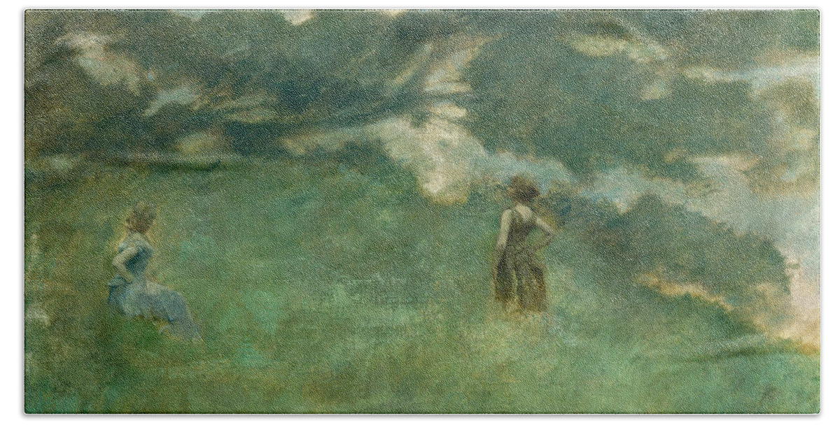 Thomas Dewing Beach Towel featuring the painting The Hermit Thrush by Thomas Dewing