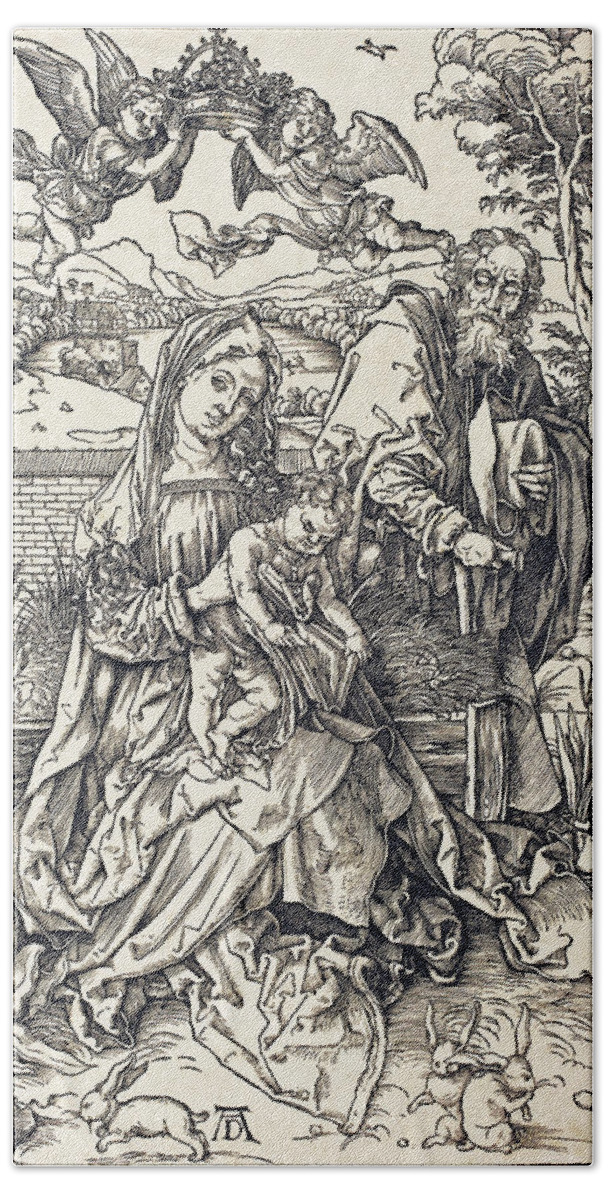 Durer Beach Towel featuring the drawing The Holy Family with the Three Hares by Albrecht Durer