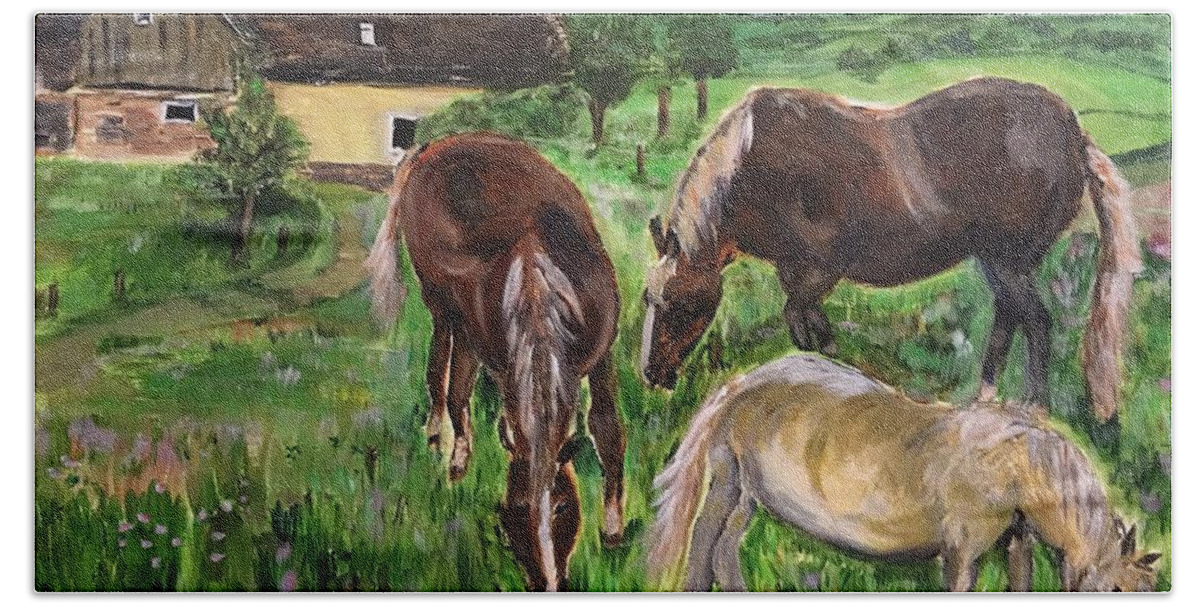 France Beach Sheet featuring the painting The Horses of Larochemillay by Belinda Low