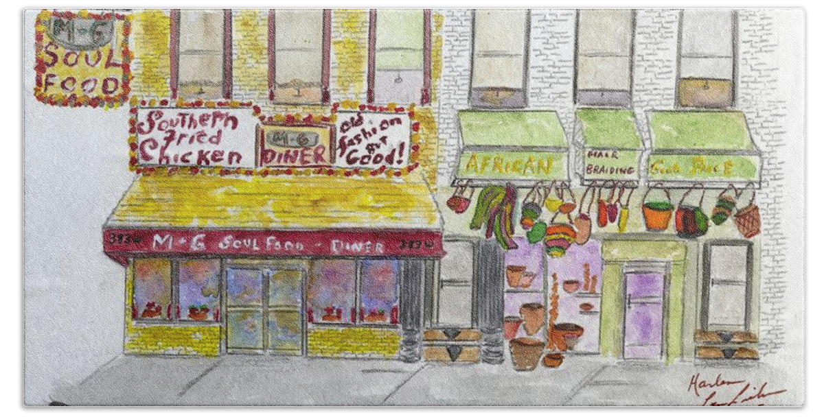 M&g Diner Beach Sheet featuring the painting The Iconic M and G Diner in Harlem by AFineLyne