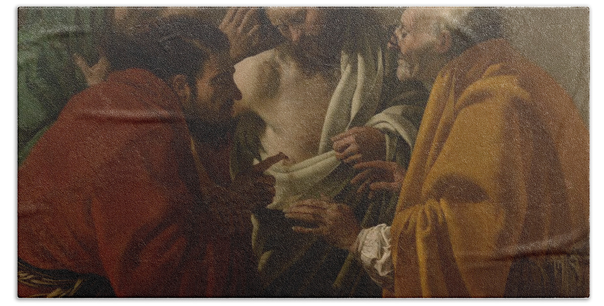 Christ Beach Towel featuring the painting The Incredulity of Thomas by Vincent Monozlay