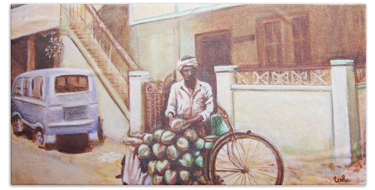 Usha Beach Towel featuring the painting The Indian tendor-coconut vendor by Usha Shantharam