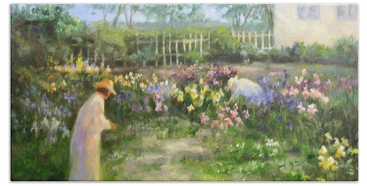 Landscape Beach Sheet featuring the painting The Iris Garden by Barbara Couse Wilson