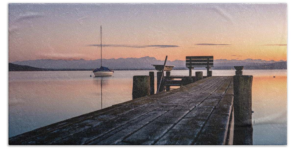 Ammersee Beach Towel featuring the photograph The jetty to sunset by Hannes Cmarits