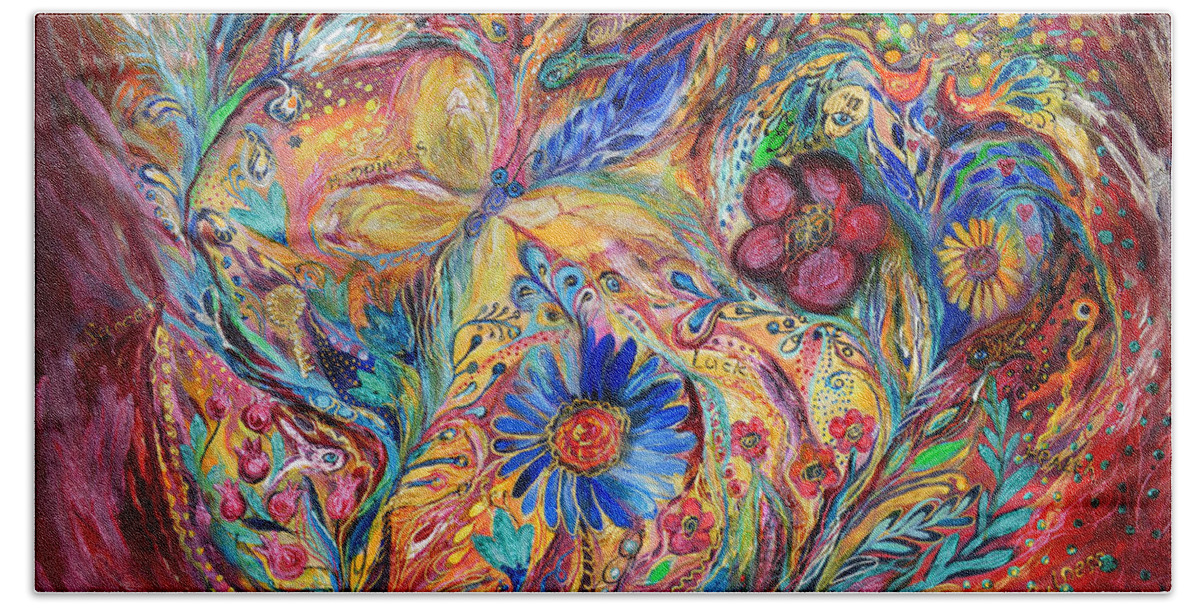 Original Beach Towel featuring the painting The Joyful Iris by Elena Kotliarker