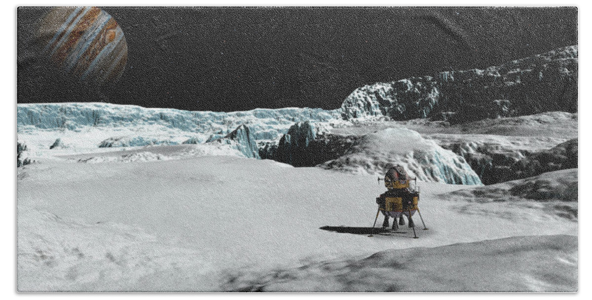 Spaceship Beach Towel featuring the digital art The Lander Ulysses on Europa by David Robinson