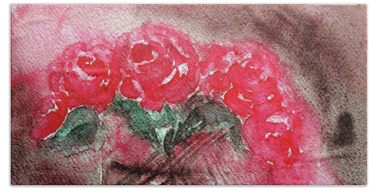 The Last Red Roses Beach Sheet featuring the painting The Last Red Roses by Jasna Dragun