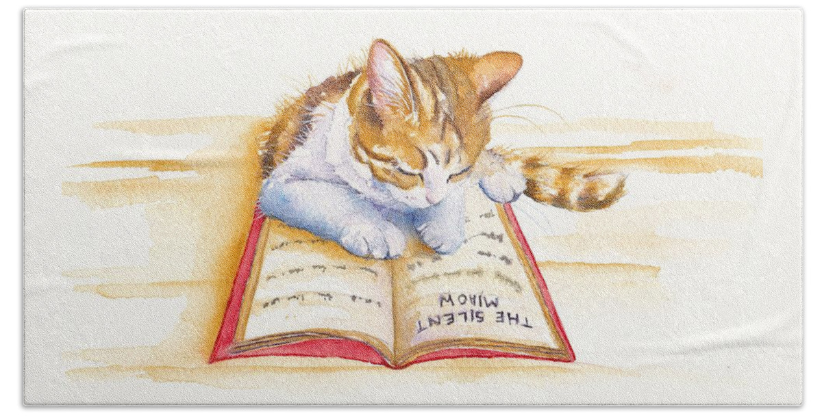 Cats Beach Towel featuring the painting Reading Kitten - The Lesson by Debra Hall
