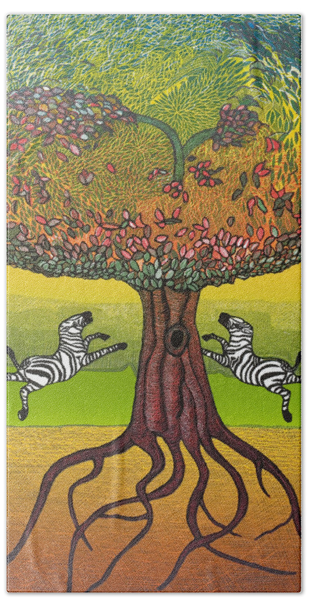 Landscape Beach Towel featuring the mixed media The life-giving tree. by Jarle Rosseland