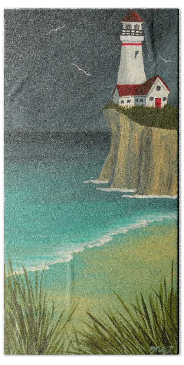 My Dream Home Beach Towel featuring the painting The Lighthouse on the Cliff by Micki Findlay