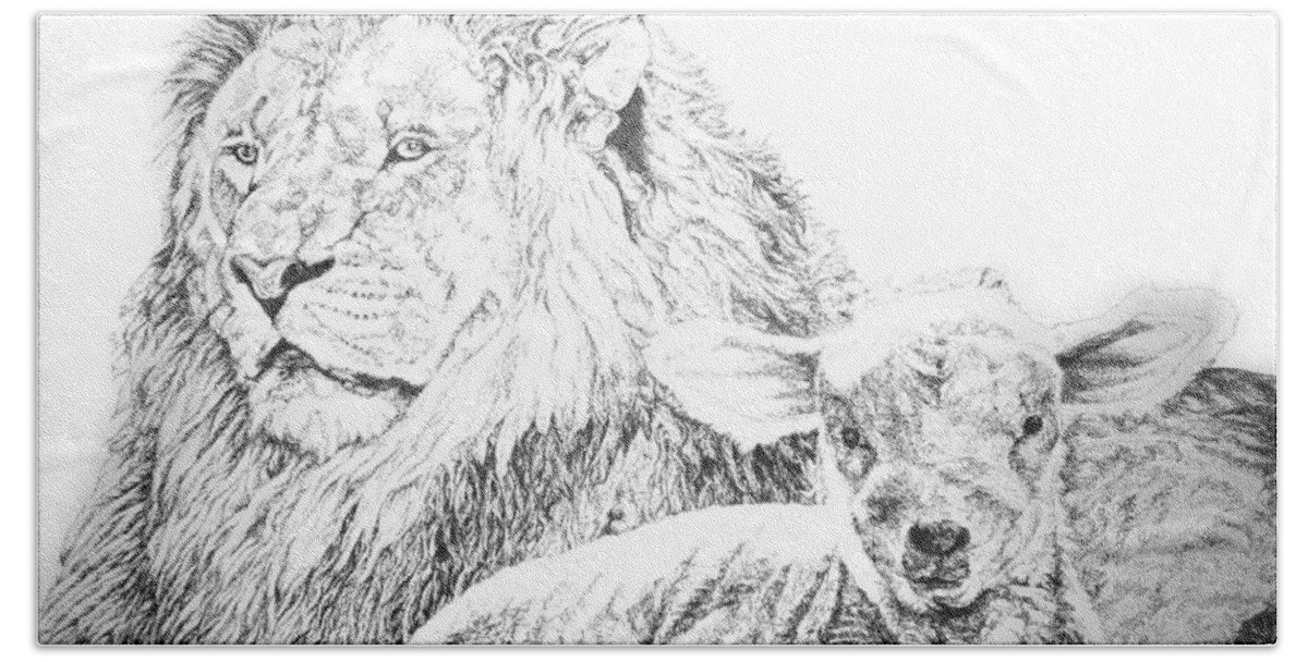 Lion Beach Sheet featuring the drawing The Lion and the Lamb by Bryan Bustard