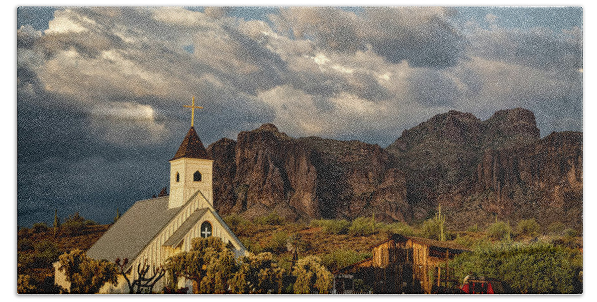 The Superstitions Beach Towel featuring the photograph The Little Chapel in the Superstitions by Saija Lehtonen