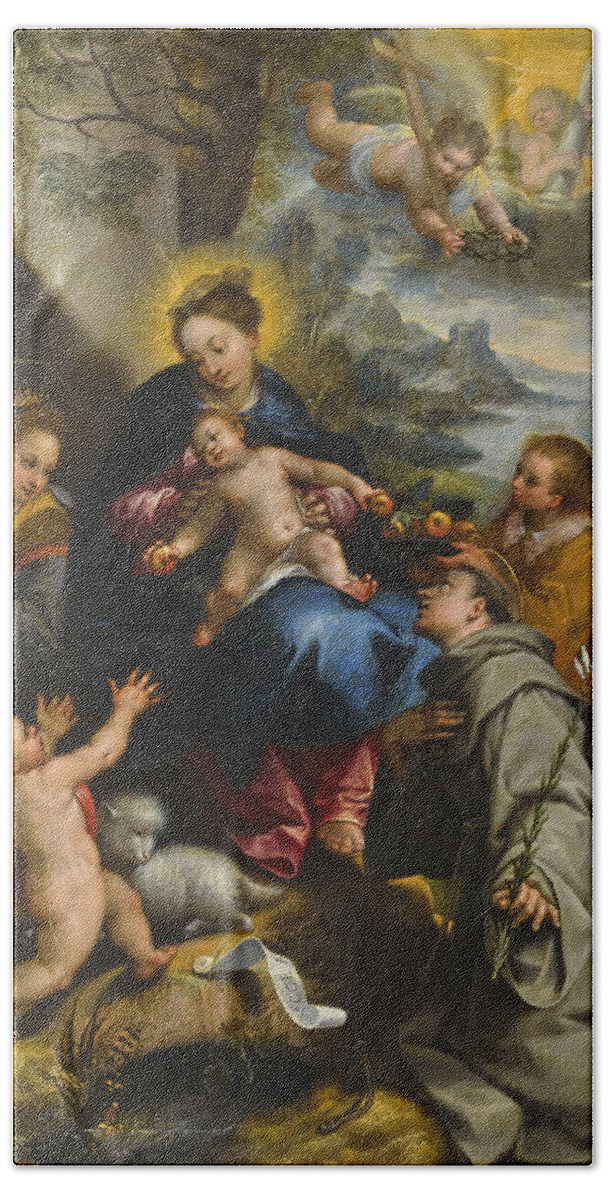 Denys Calvaert Beach Towel featuring the painting The Madonna and Child with Saints Catherine, Dominic and the Infant Saint John the Baptist by Denys Calvaert
