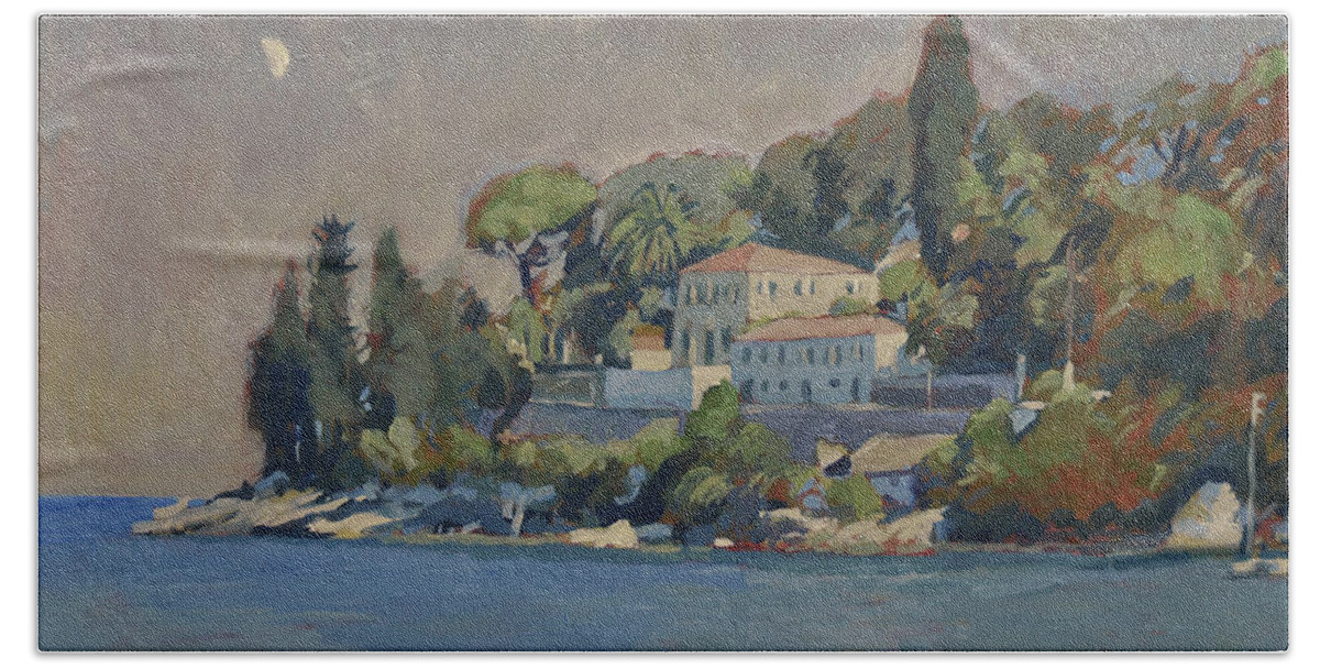 Olive Beach Towel featuring the painting The Manor House Paxos by Nop Briex