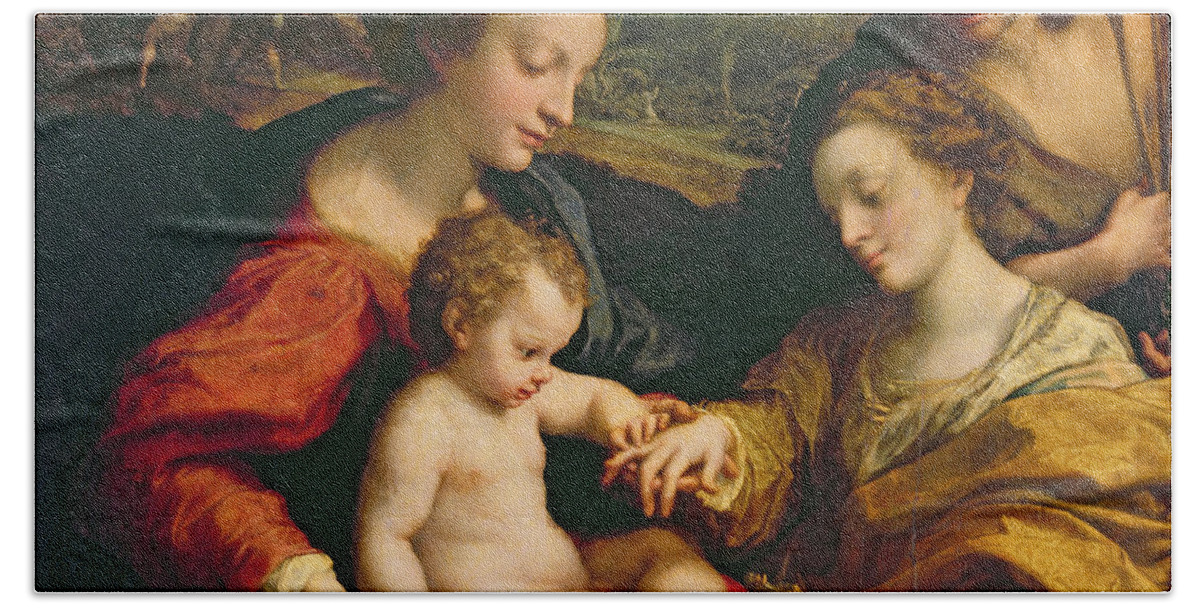 Correggio Beach Towel featuring the painting The Mystic Marriage of Saint Catherine of Alexandria by Correggio