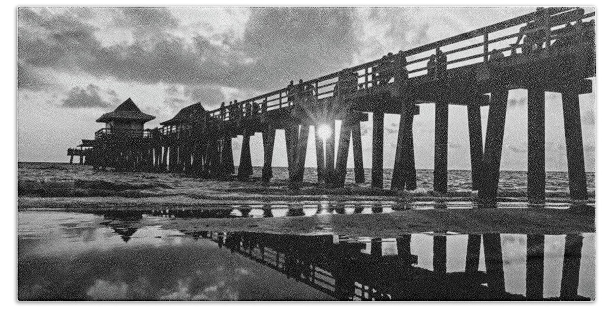 Naples Beach Sheet featuring the photograph Naples pier at sunset Naples Florida Black and White by Toby McGuire