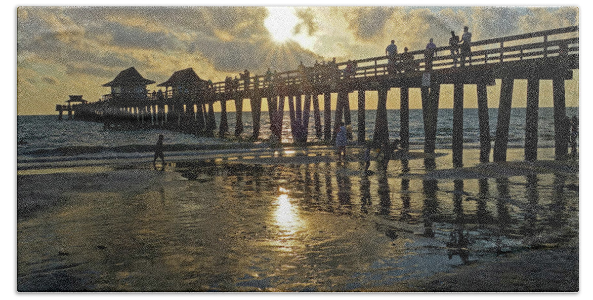 Naples Beach Towel featuring the photograph Naples pier at sunset Naples Florida Ripples #1 by Toby McGuire