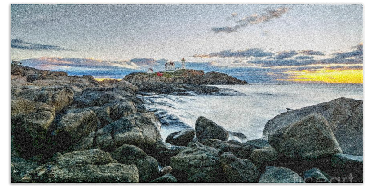 Maine Beach Towel featuring the photograph The Nubble by Steve Brown