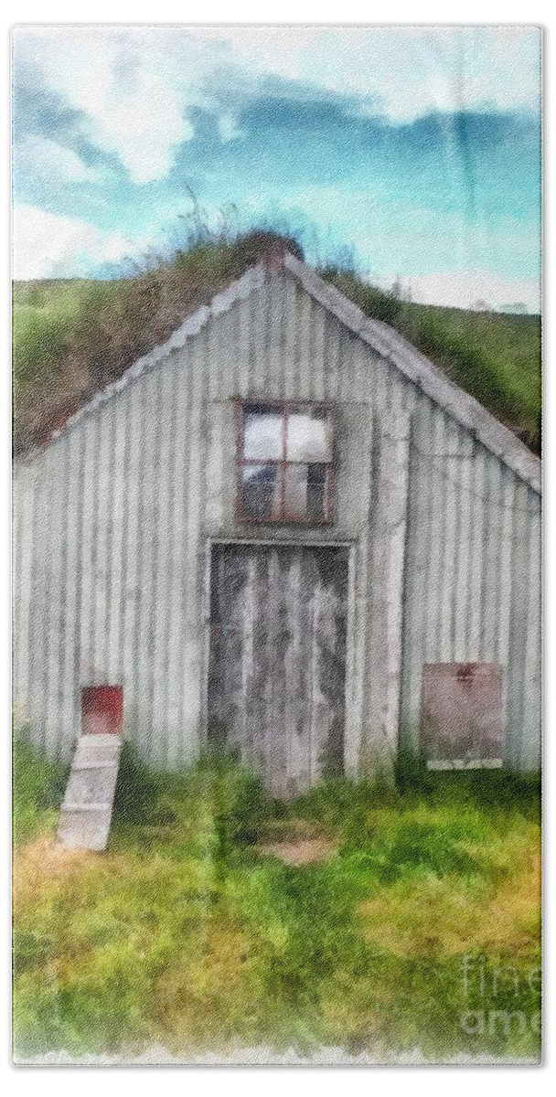 Iceland Beach Towel featuring the painting The Old Chicken Coop Iceland Turf Barn by Edward Fielding