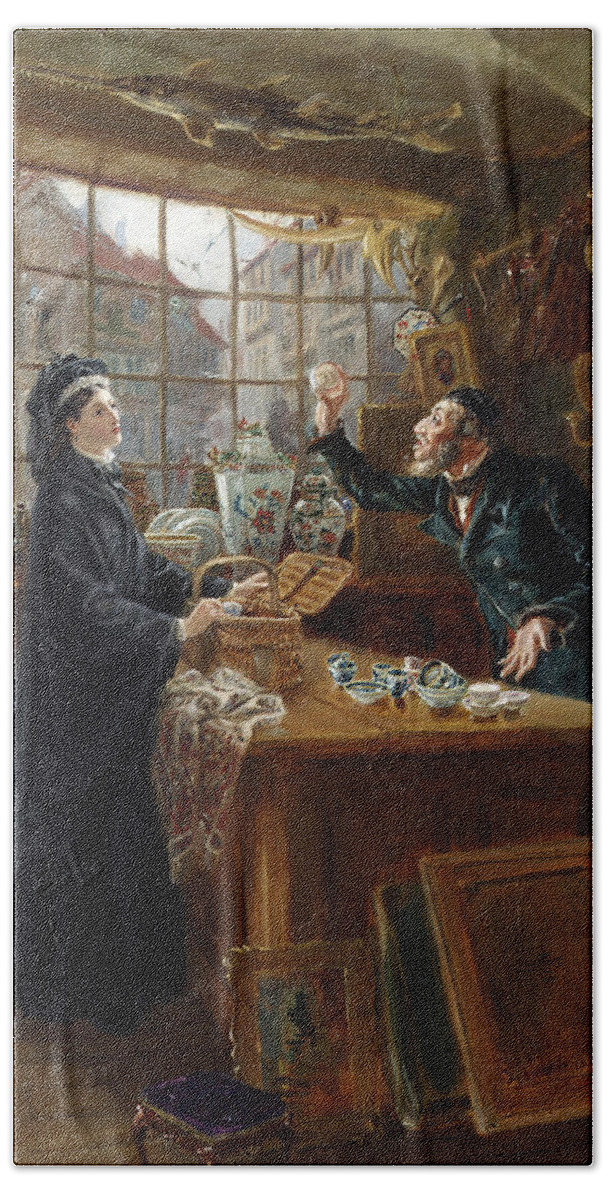 Ralph Hedley Beach Towel featuring the painting The Old China Shop by Ralph Hedley