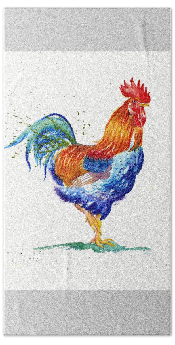 Cockerel Beach Towel featuring the painting The Patchwork Rooster by Debra Hall