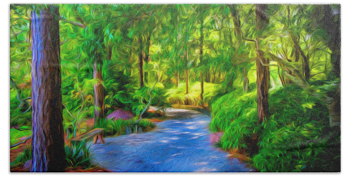 The Path # Colorful Scene # Tranquil Scene # Impressionist Art # Impressionistic # Colorful Scene # Landscaped # Tree Canopy # Beach Towel featuring the digital art The Path by Louis Ferreira
