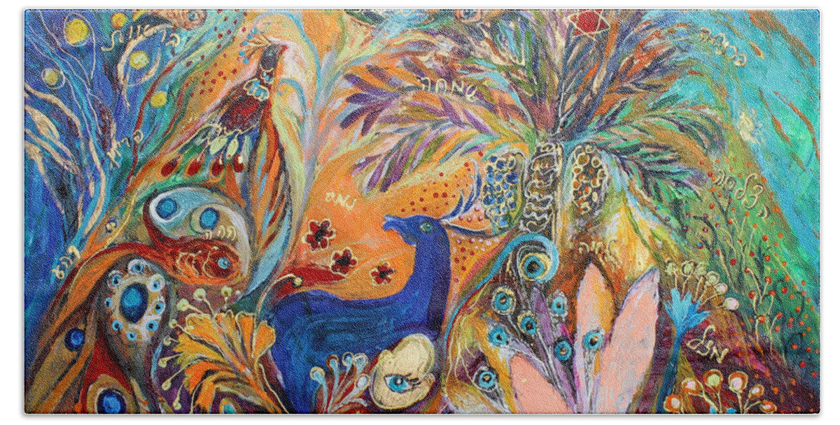 Judaica Beach Towel featuring the painting The Peacocks and Blue Deer by Elena Kotliarker