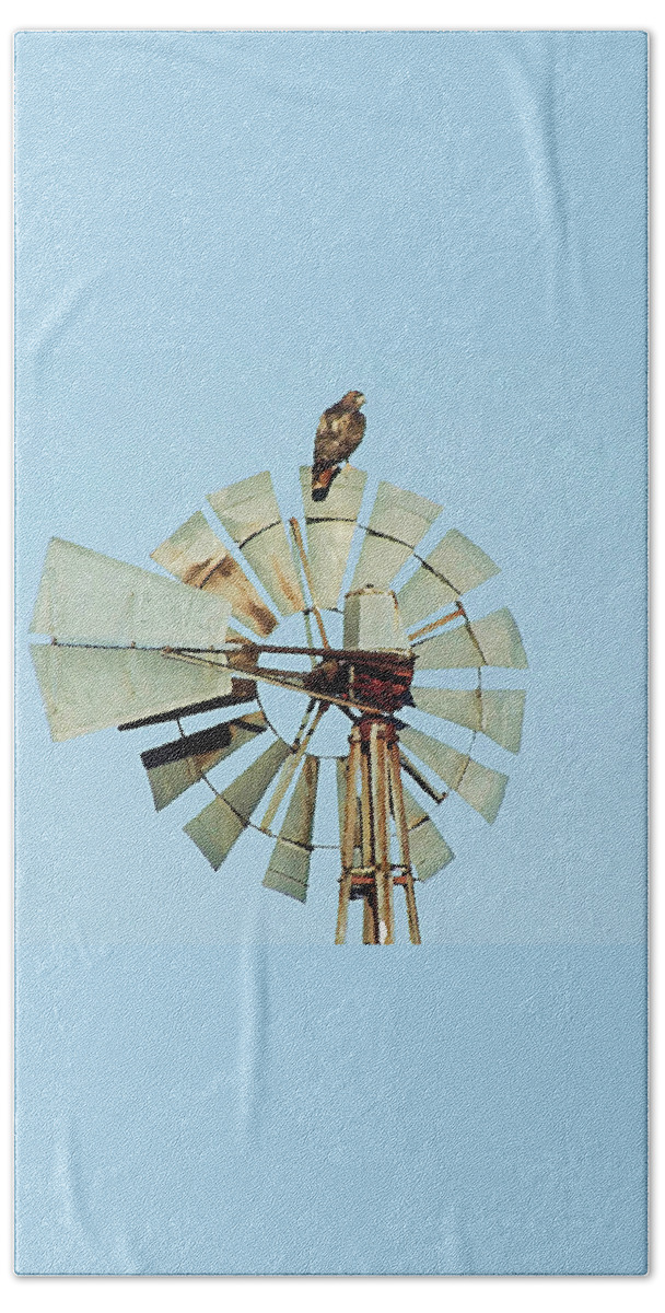 Windmill Beach Towel featuring the mixed media The Perch, Red Tailed Hawk on a Windmill by Shelli Fitzpatrick
