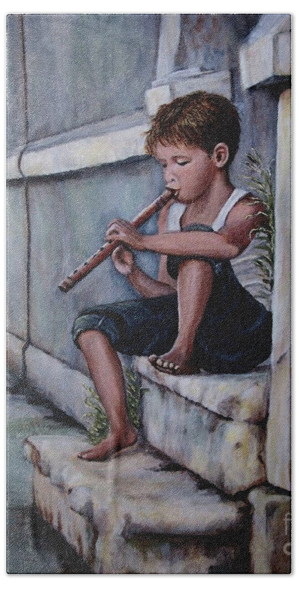 Boy Beach Sheet featuring the painting The Piper by Judy Kirouac