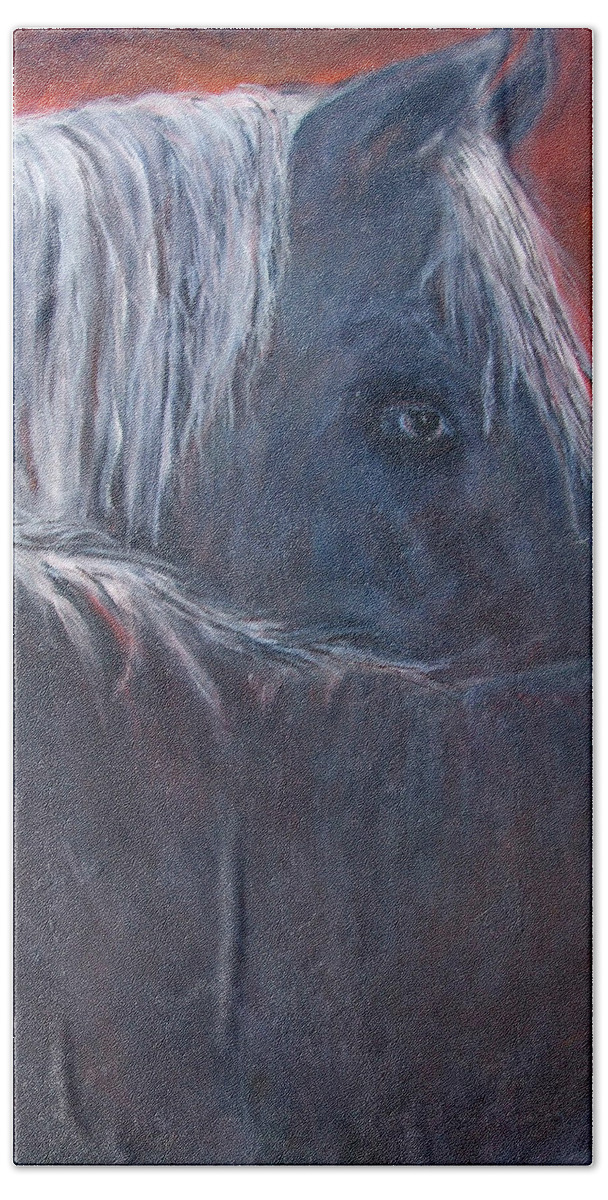 Katt Yanda Original Horse Oil Painting Canvas Protector Black Horse White Mane One Eye Beach Towel featuring the painting The Protector by Katt Yanda