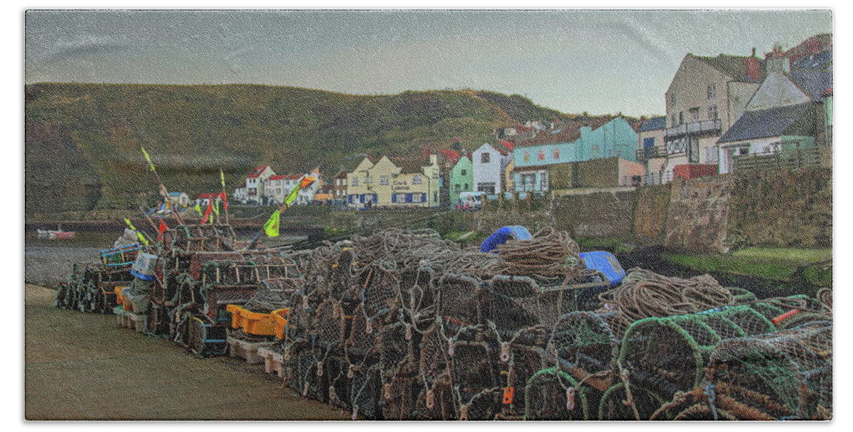 Crab Pots Beach Towel featuring the photograph The Quay at Staithes by Jeff Townsend