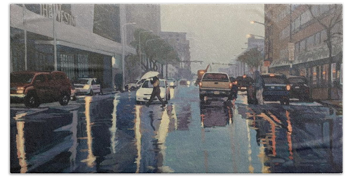 A Trip In The Innercity Beach Towel featuring the painting The Rain by David Buttram