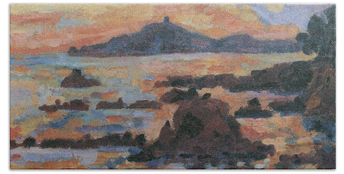 Falaises - The Red Rocks At Agay Beach Towel featuring the painting The Red Rocks at Agay by MotionAge Designs