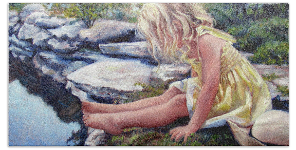 Yellow Dress Beach Towel featuring the painting The Rock Pool by Marie Witte