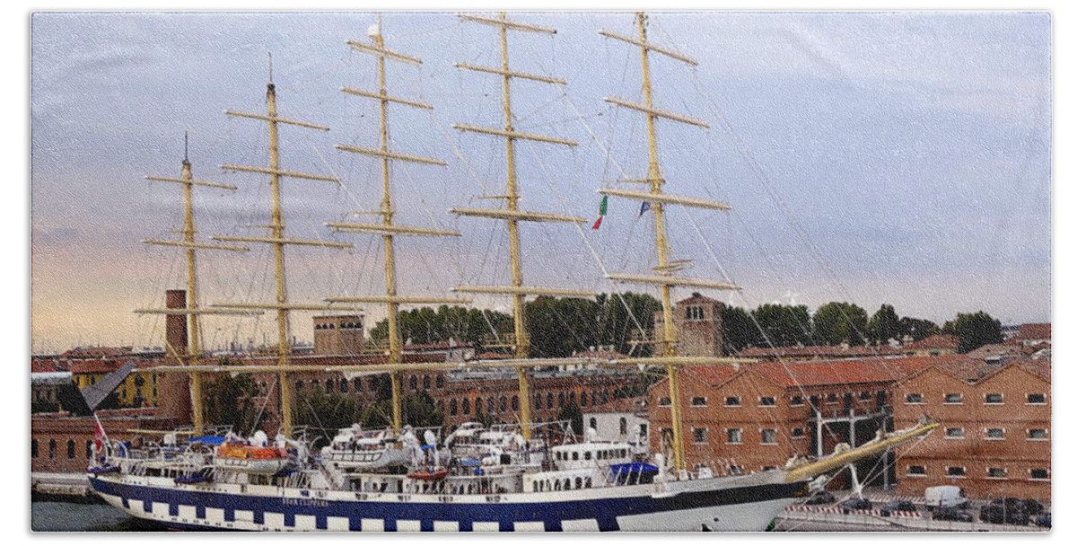 Star Cruise Line Beach Towel featuring the photograph The Royal Clipper Docked In Venice Italy by Rick Rosenshein