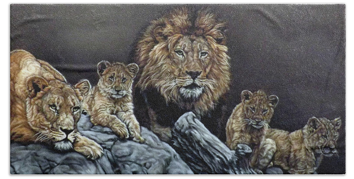 Lions Beach Towel featuring the pastel The Royal Family by Linda Becker