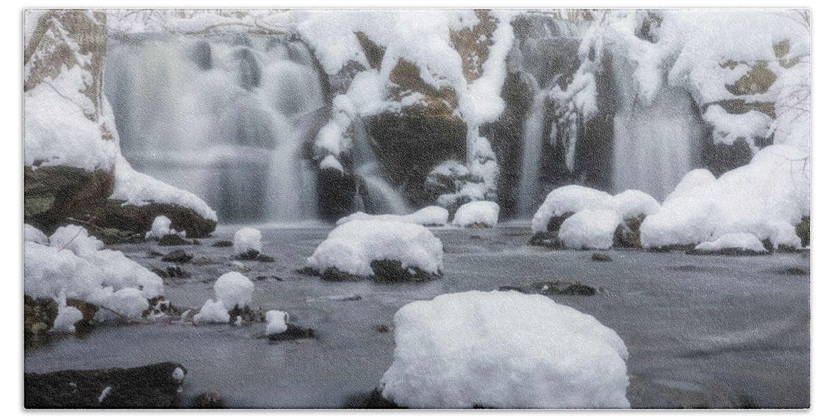 Rutland Ma Mass Massachusetts Waterfall Winter Snow Ice Water Falls Nature New England Newengland Outside Outdoors Natural Old Mill Site Woods Forest Secluded Hidden Secret Dreamy Long Exposure Brian Hale Brianhalephoto Snowing Peaceful Serene Serenity Beach Sheet featuring the photograph The Secret Waterfall in Winter 1 by Brian Hale