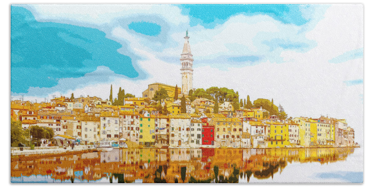 Skyline Beach Sheet featuring the digital art The Skyline of the picturesque fishing port of Rovinj/Rovigno in by Anthony Murphy