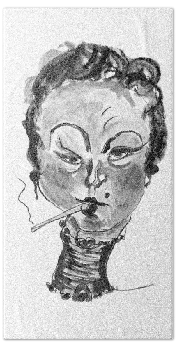 Marian Voicu Beach Sheet featuring the painting The Smoker - Black and White by Marian Voicu