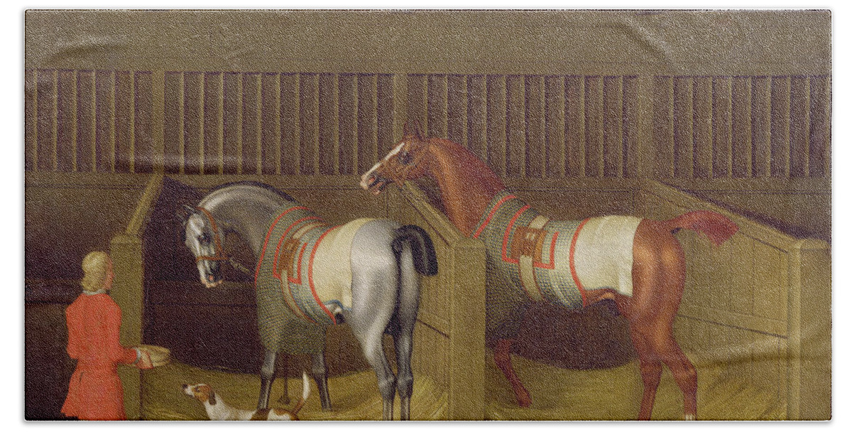 The Beach Towel featuring the painting The Stables and Two Famous Running Horses belonging to His Grace - the Duke of Bolton by James Seymour