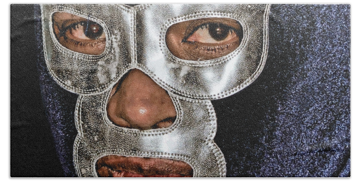 The Stare Of A Masked Luchador Beach Towel featuring the photograph The Stare of a Masked Luchador by Jim Fitzpatrick