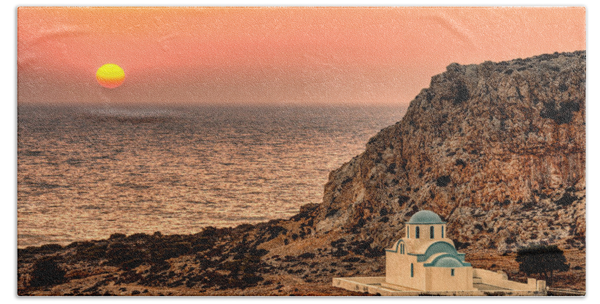 Finiki Beach Towel featuring the photograph The sunset in Finiki of Karpathos - Greece by Constantinos Iliopoulos