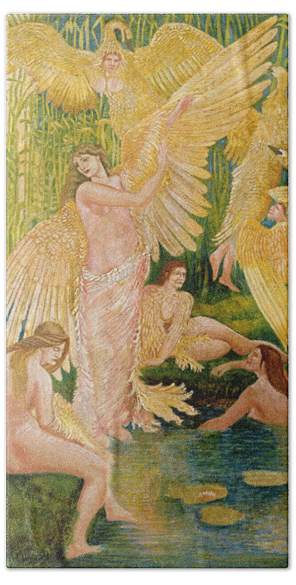Walter Crane Beach Towel featuring the painting The Swan Maidens by Walter Crane