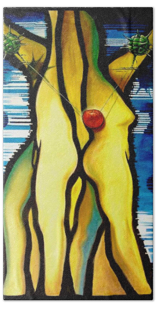 Apple Beach Towel featuring the painting The Temptation by Roger Calle